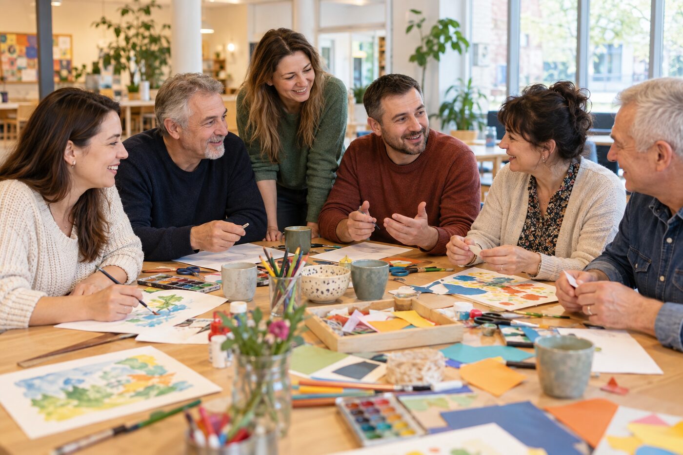 Volwassenen nemen samen deel aan een activiteit in een buurthuis