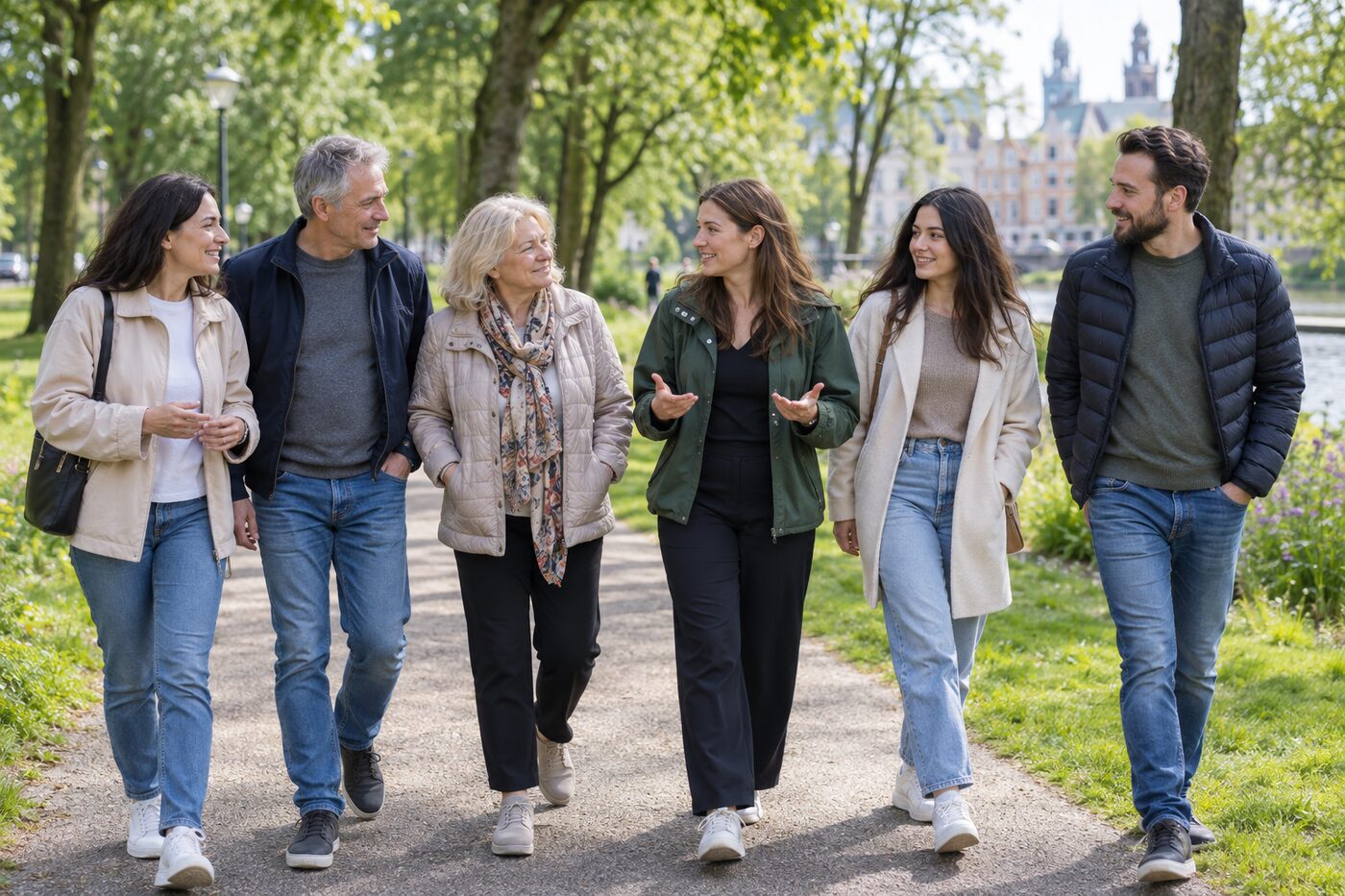 Volwassenen wandelen samen met een begeleider in een park